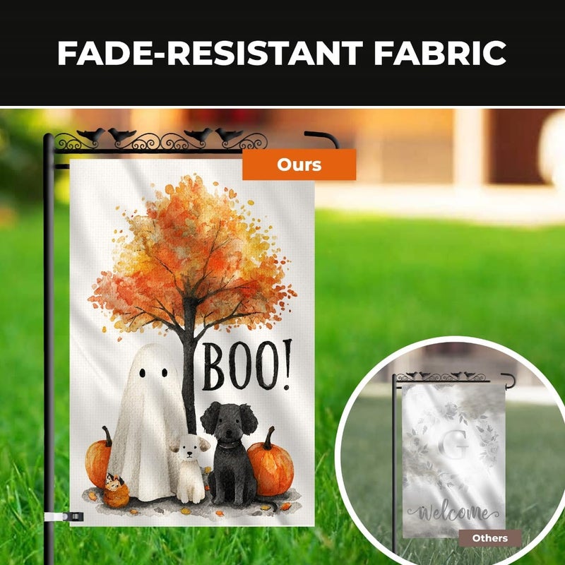 KarvePro Happy Halloween Garden Flag – Ghost with Dogs and Pumpkins Design, 12x18 Double Sided Burlap Yard Flag for Fall Outdoor Decoration, Weatherproof - Image 5